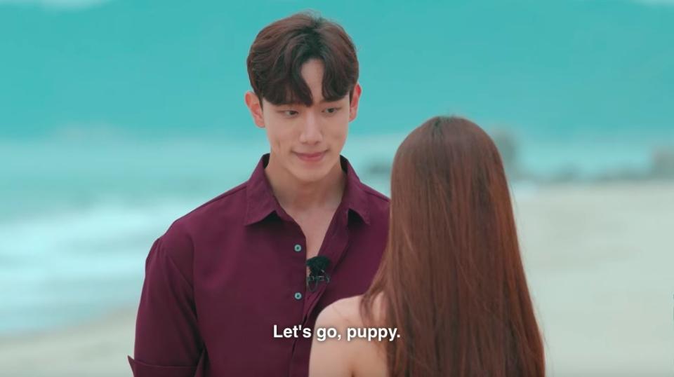 Hyeun-soong smiles as Ji-a says, "Lets go, puppy"