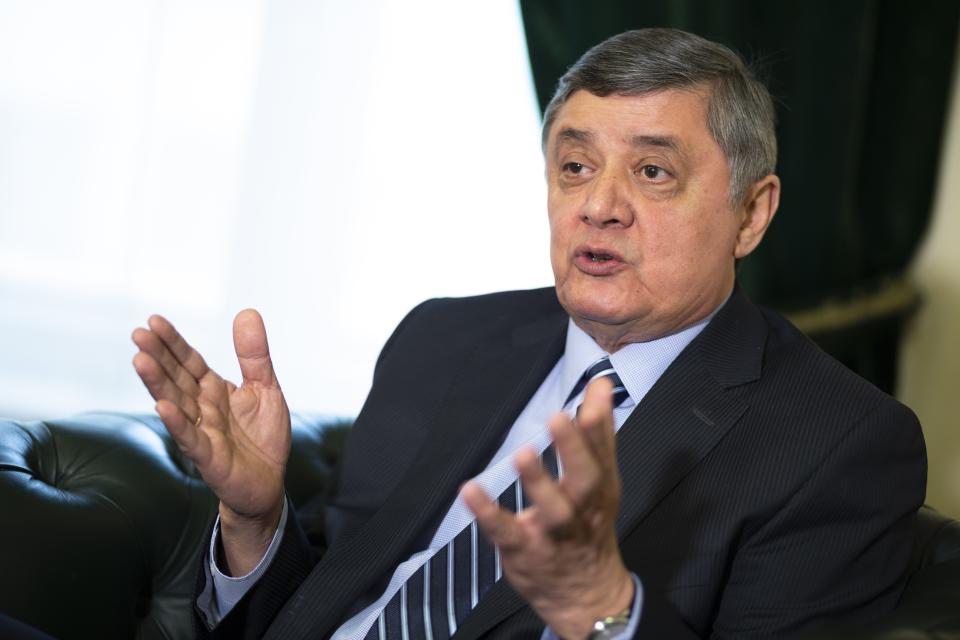 FILE In this file photo taken on Wednesday, Feb. 13, 2019, Russian presidential envoy to Afghanistan Zamir Kabulov gestures while speaking during an interview to the Associated Press in Moscow, Russia. Moscow expects the Taliban to fulfil its pledge not to threaten Russia or its allies in Central Asia, the Kremlin envoy on Afghanistan said in an interview published Wednesday July 14, 2021. Zamir Kabulov, who met with the Taliban delegation that visited Moscow last week, voiced confidence that the Taliban would focus on securing their gains in Afghanistan and wouldn't try to challenge the countries of the region. (AP Photo/Alexander Zemlianichenko, File)