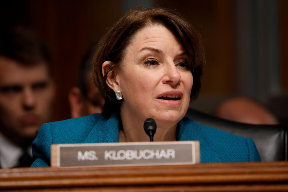 Sen. Amy Klobuchar, D-Minn., asks a question of Attorney General William Barr during a Senate Judiciary Committee hearing on Wednesday. (Photo: Aaron P. Bernstein/Reuters)