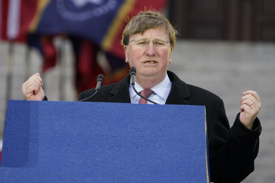 Mississippi Republican Gov. Tate Reeves delivers his address during his inauguration for a second term, at the Mississippi State Capitol in Jackson, Miss., Tuesday, Jan. 9, 2024. (AP Photo/Rogelio V. Solis)