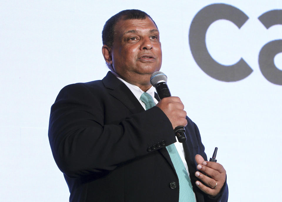 Capital A Chief Executive Tony Fernandes speaks during an event for AirAsia as it changes its name to Capital A in Kuala Lumpur, Malaysia, Friday, Jan. 28, 2022. AirAsia Group, the listed holding company, has changed its name to Capital A to reflect its diversified business portfolio. (AP Photo)