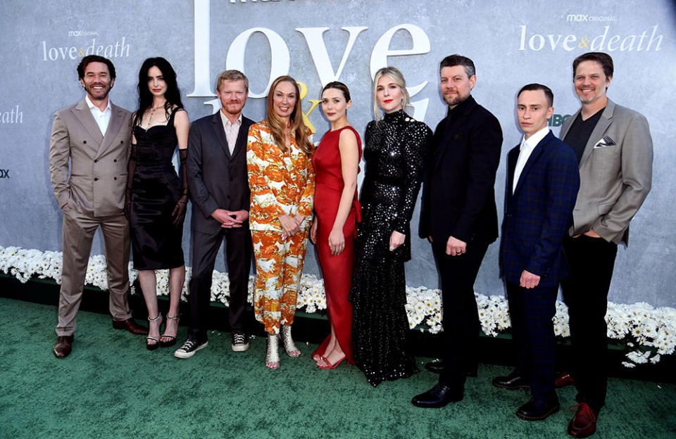 L(L-R) Tom Pelphrey, Krysten Ritter, Jesse Plemons, Elizabeth Marvel, Elizabeth Olsen, Lily Rabe, Patrick Fugit, Keir Gilchrist and Richard C. Jones attend the Los Angeles premiere of Max Original Limited Series "Love & Death" at Directors Guild Of America on April 26, 2023 in Los Angeles, California.