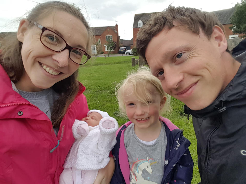 Nicholson's daughter was just three weeks old when she was diagnosed with a brain tumour, pictured with daughters Erin and Freya and husband Dave. (Caters)