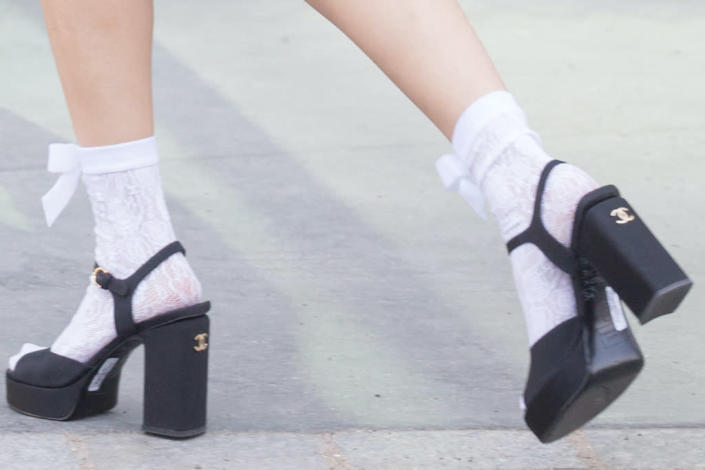 Zoom on Jennie's Chanel platform sandals.  - Credit: Nasser Berzane/AbacaPress / SplashNews.com