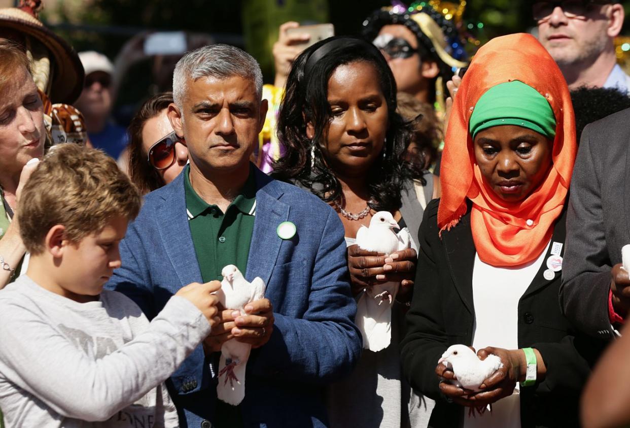 Mayor of London Sadiq Khan takes part in a release of doves as a show of respect for those who died in the Grenfell Tower fire, during the Notting Hill Carnival Family Day in west London (Yui Mok/PA)