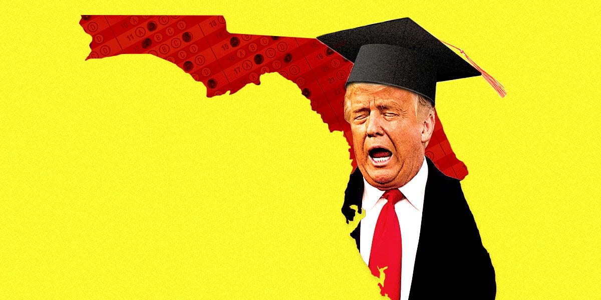 Photo of Trump wearing graduation cap over outline of Florida and test bubbles 2x1