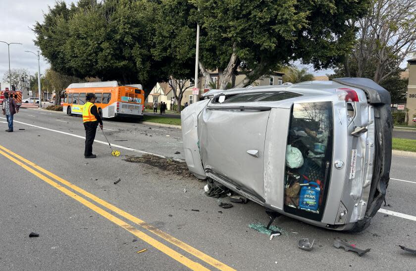 LOS ANGELES, CA - MARCH 28: At least eight people were injured after a multi-vehicle collision involving a Metro bus in South Los Angeles Thursday. The crash happened on the 3500 block of West 39th Street in Leimert Park at around 3:40 p.m., according to the Los Angeles Fire Department. on Thursday, March 28, 2024 in Los Angeles, CA. (Wally Skalij / Los Angeles Times)