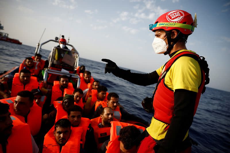 NGO Proactiva Open Arms Uno rescue boat in central Mediterranean Sea