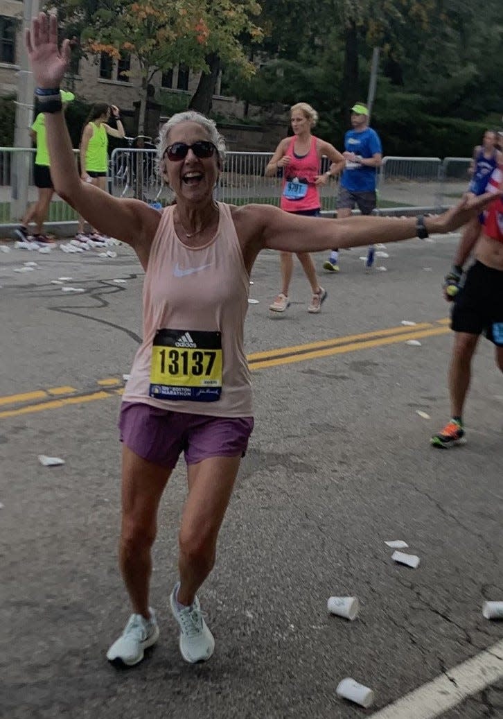 Karen Fogg, a York, Maine, resident, is seen at the 2023 Boston Marathon at the top of Heartbreak Hill. Fogg will be running again in the 2024 Boston Marathon, her 16th consecutive appearance.
