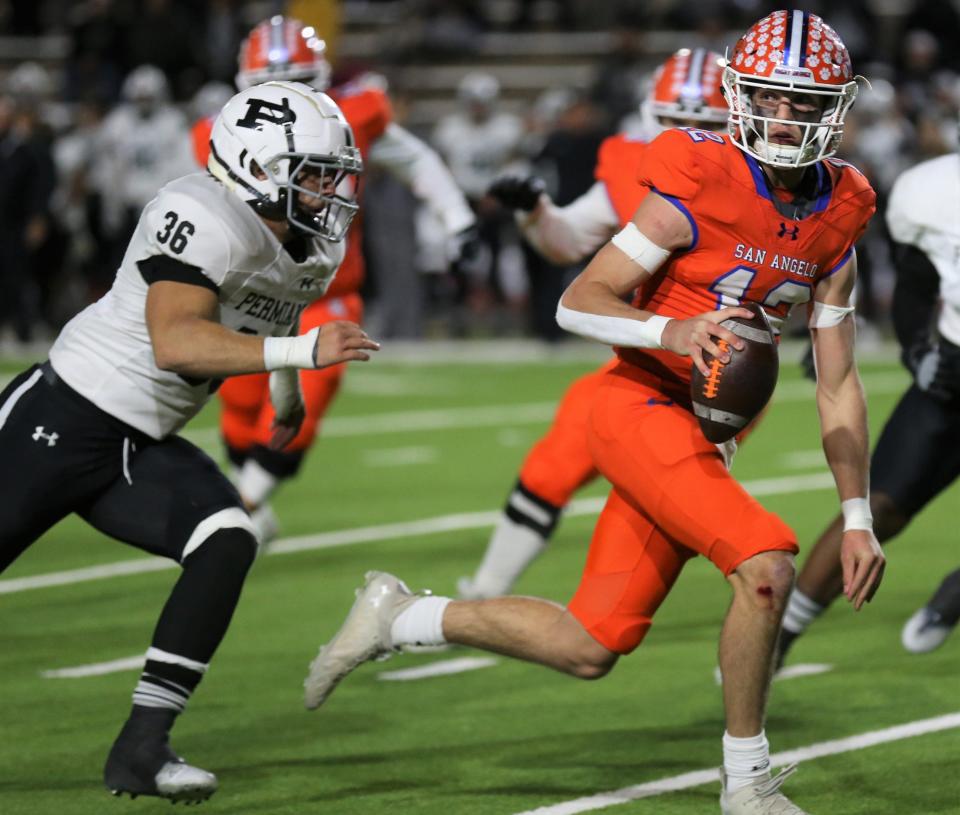 San Angelo Central High School quarterback Tyler Hill looks for an open receiver against Odessa Permian at San Angelo Stadium on Friday, Oct. 28, 2022.