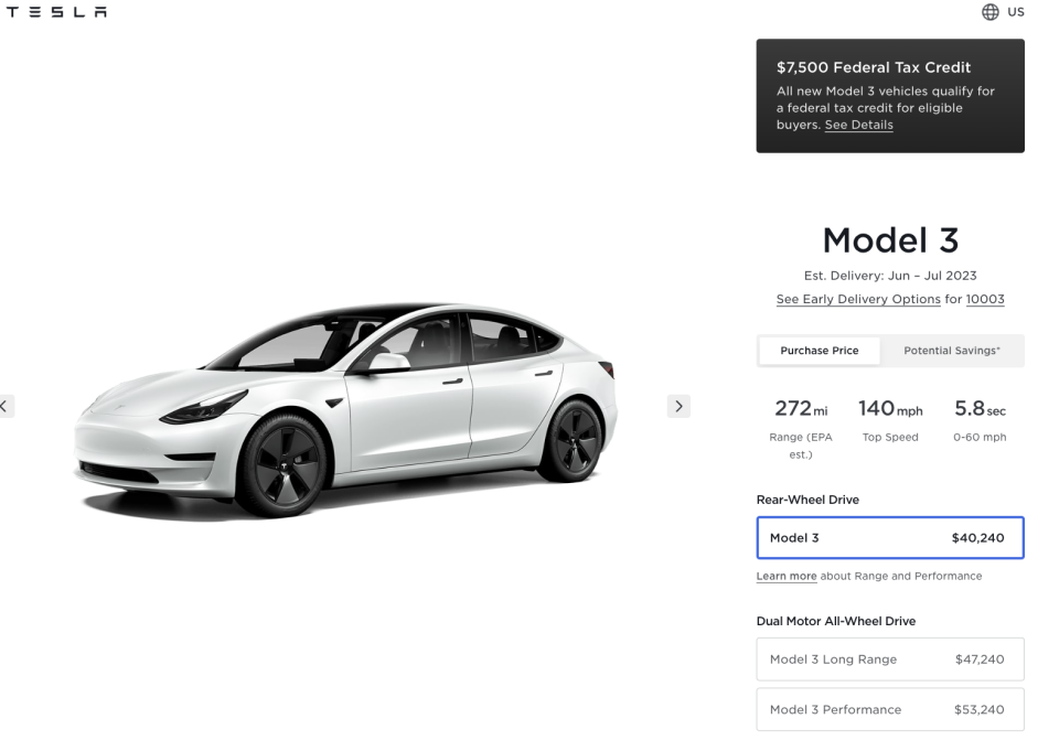صفحة طلب Tesla Model 3 الأمريكية (6/6/2023)