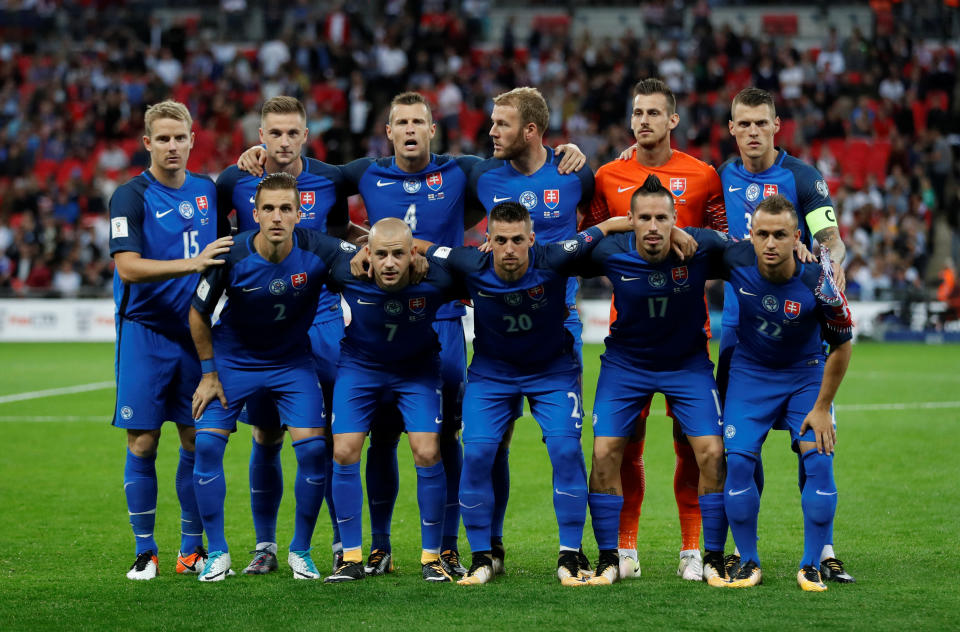 <p>Soccer Football – 2018 World Cup Qualifications – Europe – England vs Slovakia – London, Britain – September 4, 2017 Slovakia team group before the match Action Images via Reuters/Carl Recine </p>