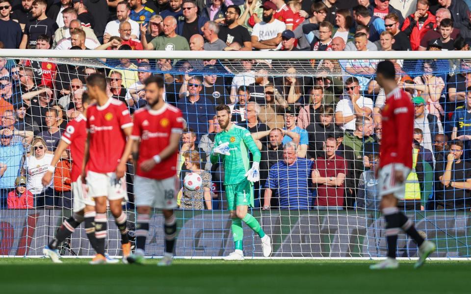 David de Gea of Manchester United reacts to conceding Brighton's opener - Manchester United via Getty Images