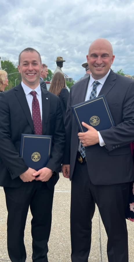 New York State Police Investigator Michael Corletta, left, and Lt. Brad Natalizio received superintendent's commendation awards for their work on the Megan McDonald murder case at a ceremony May 16 at the State Police Academy in Albany.