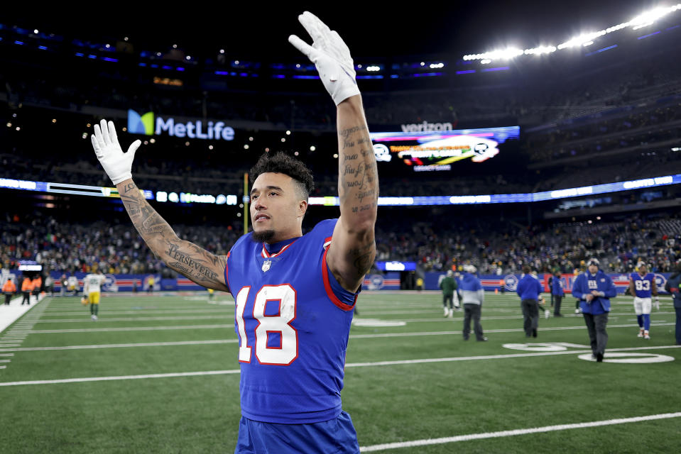 New York Giants wide receiver Isaiah Hodgins (18) reacts after playing against the Green Bay Packers in an NFL football game, Monday, Dec. 11, 2023, in East Rutherford, N.J. (AP Photo/Adam Hunger)