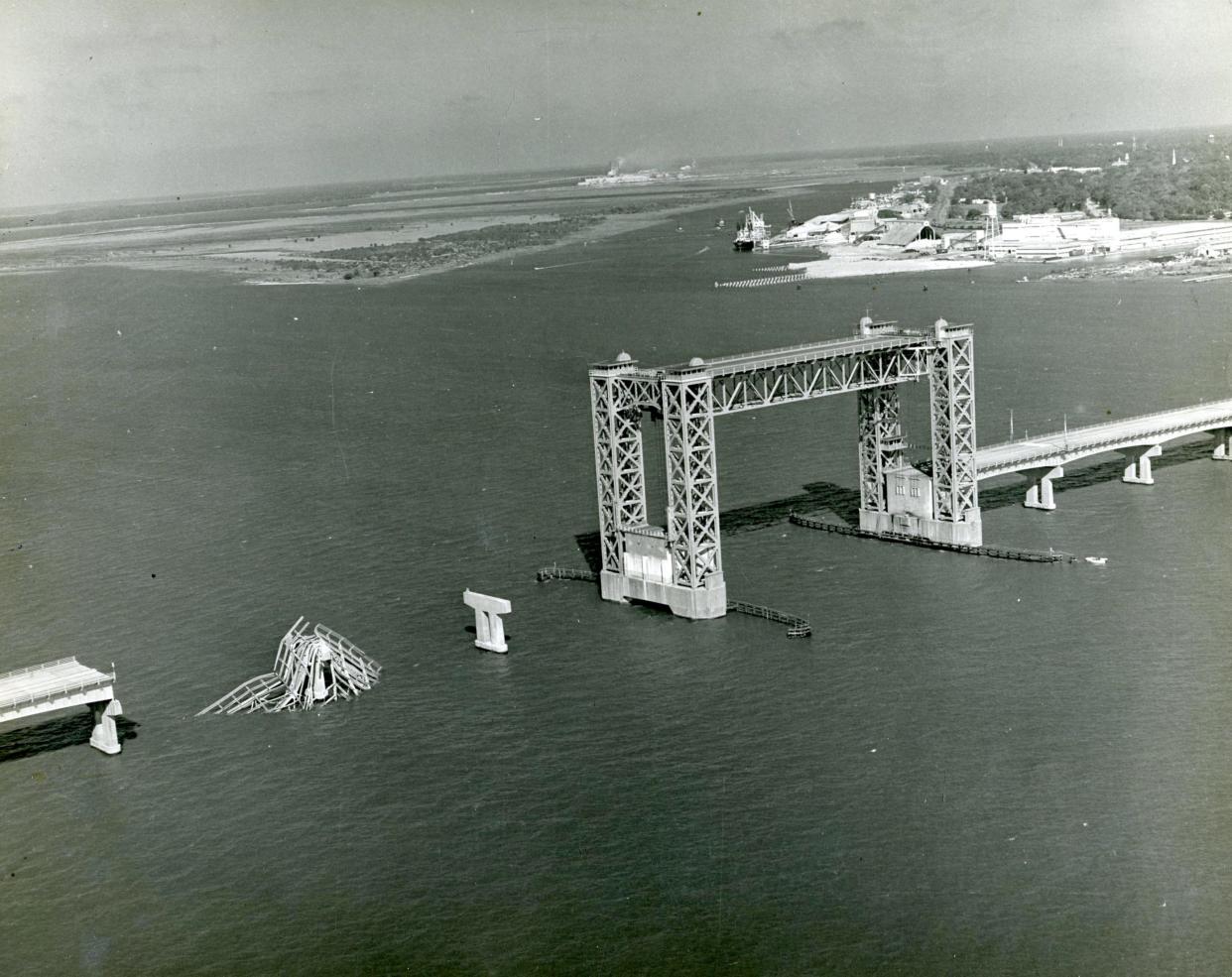Overhead of Sidney Lanier Bridge taken November 8, 1972, the day after the African Neptune, docked in the background, hit the span.