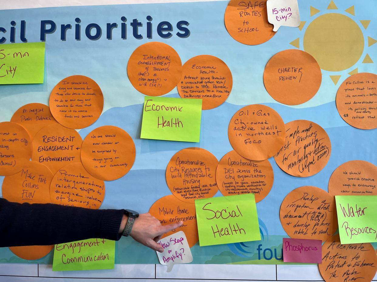 A board of orange sticky notes shows suggested priorities for the Fort Collins City Council in the next two years. Council held a priority-setting session during a retreat on Jan. 27 at Canvas Stadium on the Colorado State University campus.