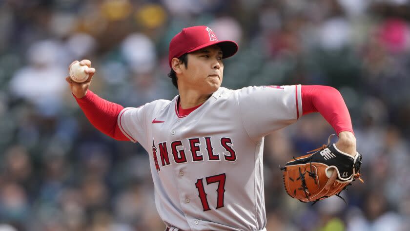 Los Angeles Angels starting pitcher Shohei Ohtani throws against the Seattle Mariners.