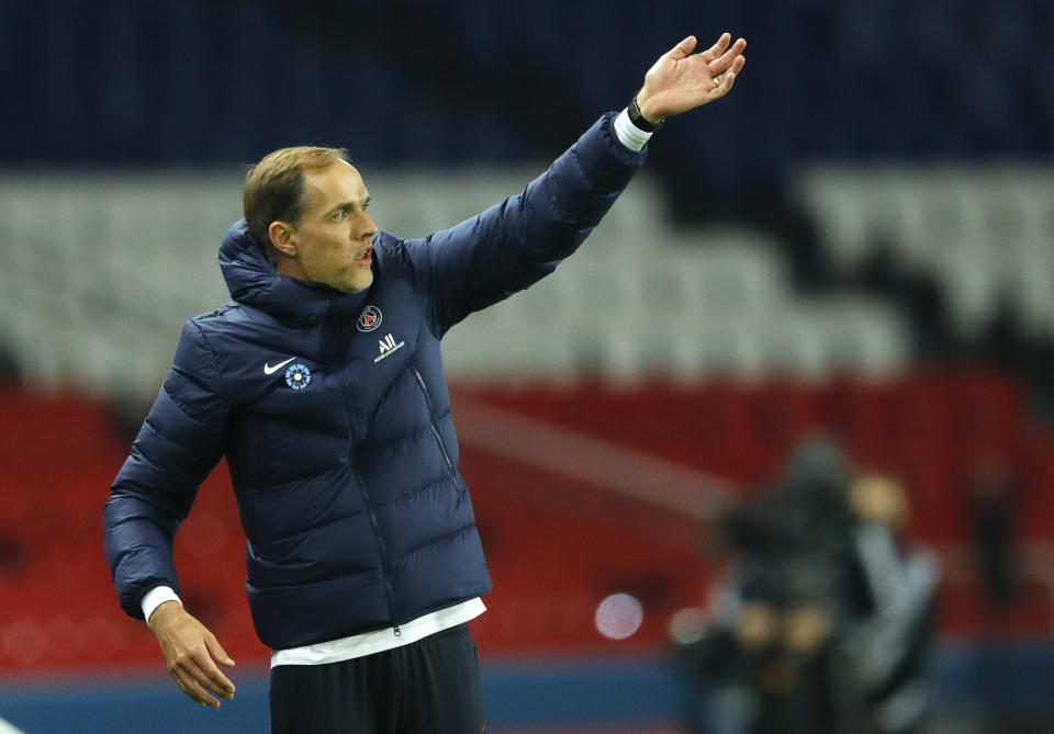 FILE - in this file photo dated Saturday, Nov. 7, 2020, PSG's head coach Thomas Tuchel gestures from the touchline during the French League One soccer match between Paris Saint-Germain and Rennes at the Parc des Princes in Paris, France. Thomas Tuchel is confirmed as the new Chelsea soccer team manager, Tuesday Jan. 26, 2021. (AP Photo/Christophe Ena, FILE)