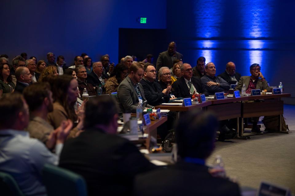 SBC Executive Committee members listen as Josh Wester, for the abuse reform task force, speaks during the SBC Executive Committee conference at the SBC building in Nashville, Tenn., Monday, Feb. 19, 2024.