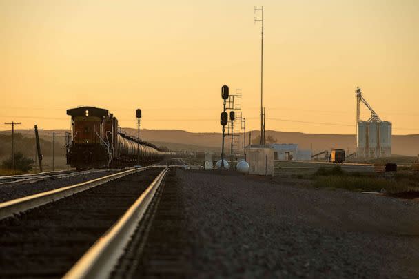 PHOTO: FILE - Train cars travel eastbound paralleling Hwy 2 in the Bakken oil field near Bainville, Montana Sept 11, 2013. (Ken Cedeno/Corbis via Getty Images, FILE)