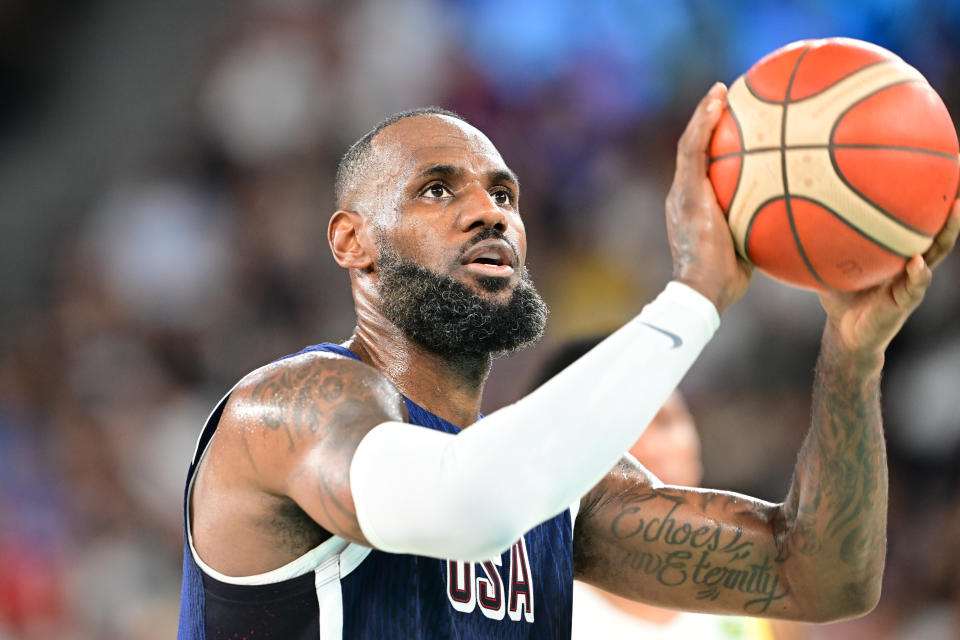 PARIS, FRANCE – AUGUST 06: LeBron James of the USA in action during the quarterfinal between the USA and Brazil on day eleven of the Paris 2024 Olympic Games at Bercy Arena on August 6, 2024 in Paris, France. (Photo by Mehmet Murat Onel/Anadolu via Getty Images)