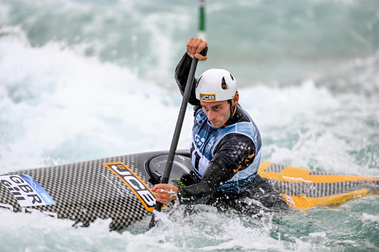 Adam Burgess competing in the ICF Canoe Slalom World Championships at Lee Valley White Water Centre