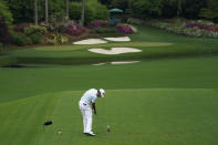 Hideki Matsuyama, of Japan, tees off on the 12th hole during the third round of the Masters golf tournament on Saturday, April 10, 2021, in Augusta, Ga. (AP Photo/David J. Phillip)