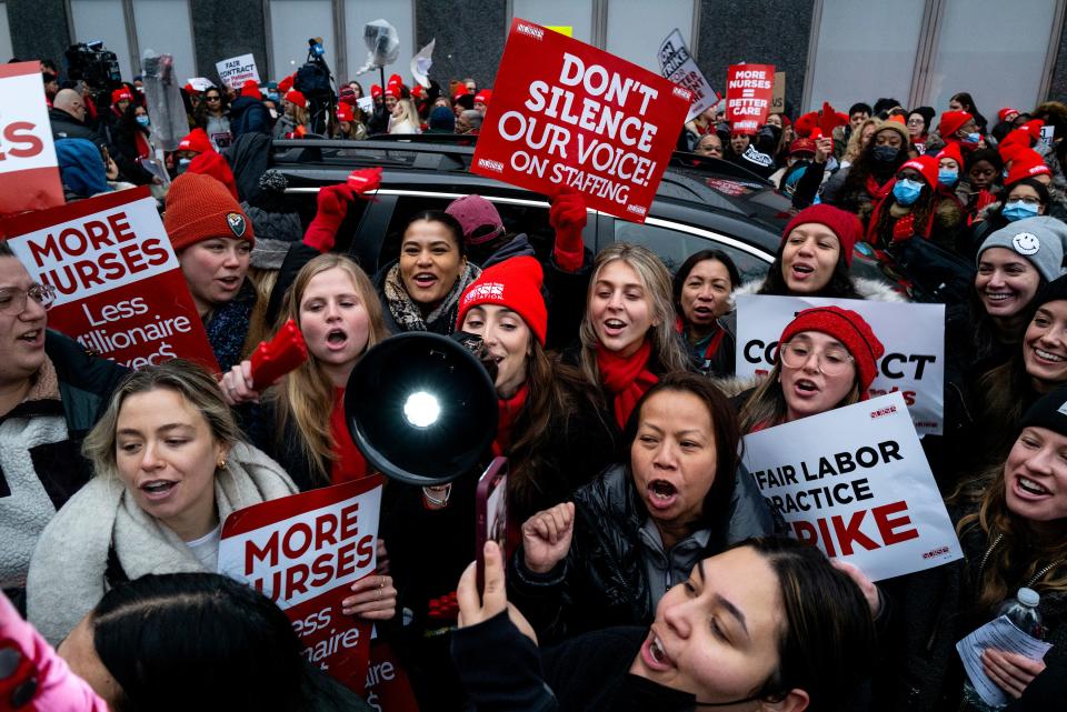 Nurses stage a strike in front of Mt. Sinai Hospital in the Manhattan borough of New York Monday, Jan. 9, 2023, after negotiations broke down hours earlier.