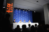 TORONTO, ON - SEPTEMBER 06: (2ndL-R) Actors Joseph Gordon-Levitt, Bruce Willis and Writer/Director Rian Johnson speak onstage at the "Looper" press conference during the 2012 Toronto International Film Festival at TIFF Bell Lightbox on September 6, 2012 in Toronto, Canada. (Photo by Jason Merritt/Getty Images)