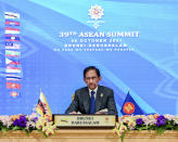 In this image released on Tuesday, Oct. 26, 2021, by Brunei ASEAN Summit, ASEAN chairman, Brunei's Sultan Hassanal Bolkiah speaks in Bandar Seri Begawan, Brunei, during ASEAN leaders' online summit meetings. Southeast Asian leaders began their annual summit without Myanmar on Tuesday amid a diplomatic standoff over the exclusion of the leader of the military-ruled nation from the group's meetings.(Brunei ASEAN Summit via AP)
