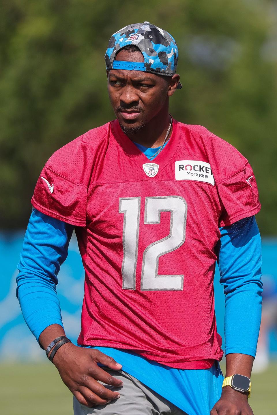 Detroit Lions quarterback Hendon Hooker practices during training camp at the Detroit Lions Headquarters and Training Facility in Allen Park on Sunday, July 23, 2023.