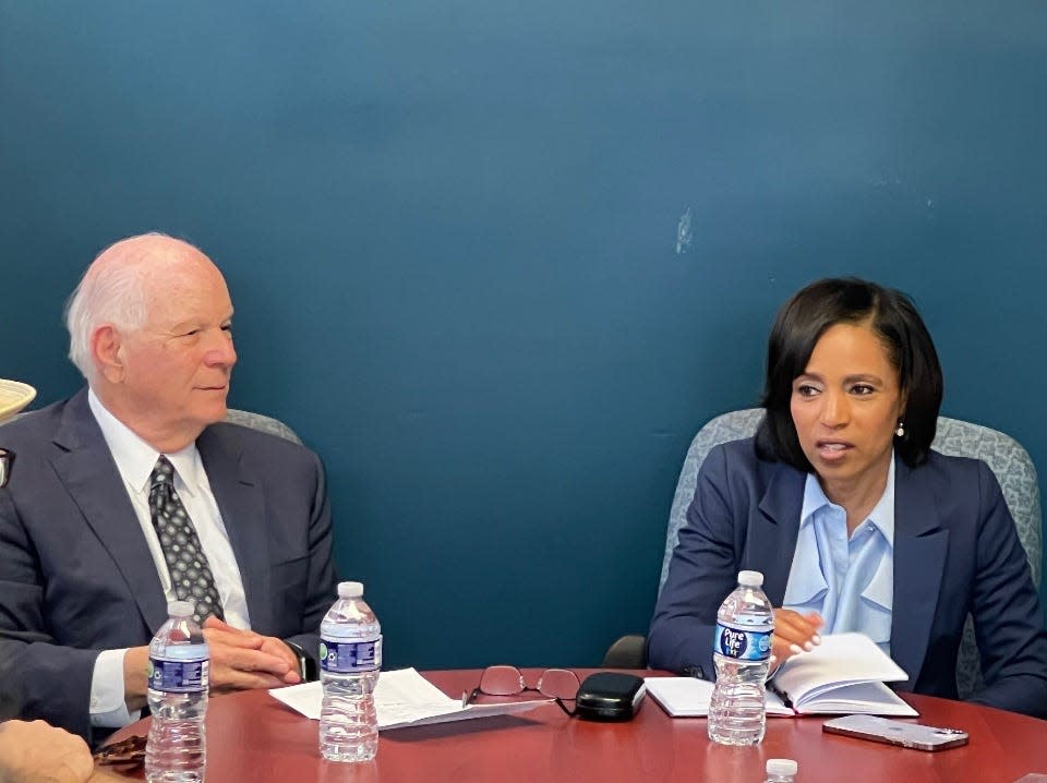 At right, Prince George’s County Executive Angela Alsobrooks, a Democratic candidate for United States Senate, speaks during a discussion with Jewish community leaders in Pikesville, Maryland on June 17, 2024. At left, U.S. Sen. Ben Cardin, D-Md., listens.