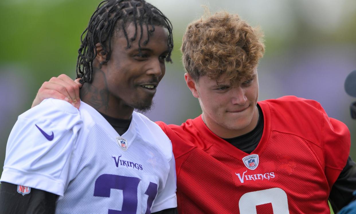 <span>Khyree Jackson (left) alongside fellow Vikings rookie JJ McCarthy at a May training camp.</span><span>Photograph: Icon Sportswire/Getty Images</span>