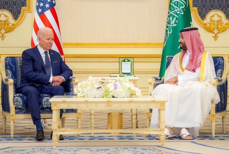 Saudi King Salman bin Abdulaziz and U.S. President Joe Biden meet at Al Salman Palace upon his arrival in Jeddah, Saudi Arabia