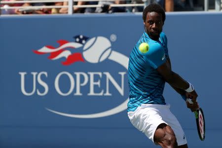 Sep 4, 2016; New York, NY, USA; Gael Monfils of France hits a backhand against Marcos Baghdatis of Cyprus (not pictured) on day seven of the 2016 U.S. Open tennis tournament at USTA Billie Jean King National Tennis Center. Monfils won 6-3, 6-2, 6-3. Mandatory Credit: Geoff Burke-USA TODAY Sports