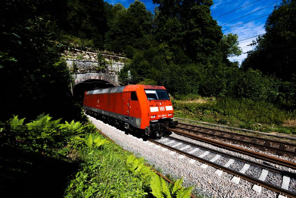 A german train comes out of a tunnel