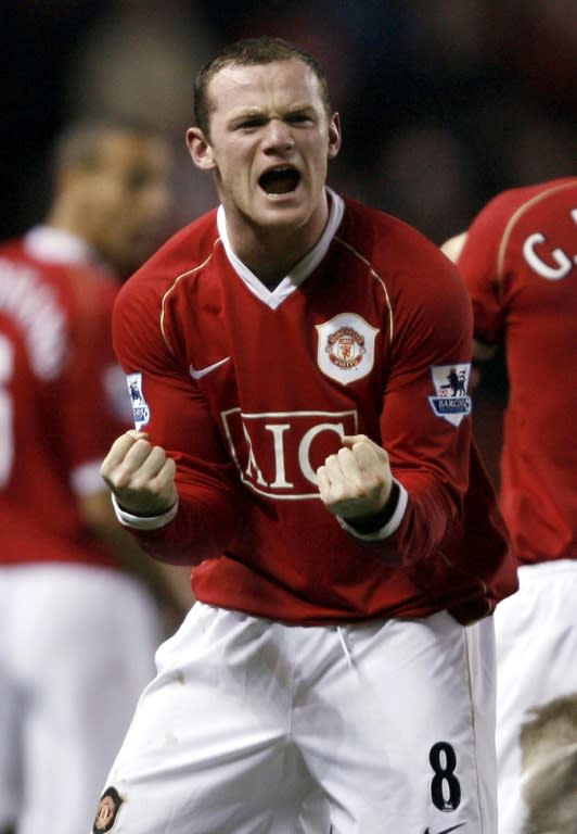 Manchester United's Wayne Rooney celebrates scoring the second goal against Portsmouth during their FA Cup fourth round football match on January 27, 2007