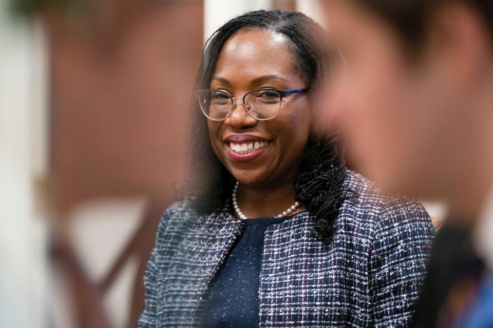 Supreme Court nominee Judge Ketanji Brown Jackson arrives to meet with Sen. Joe Manchin, D-W.Va., on Capitol Hill on March 9.