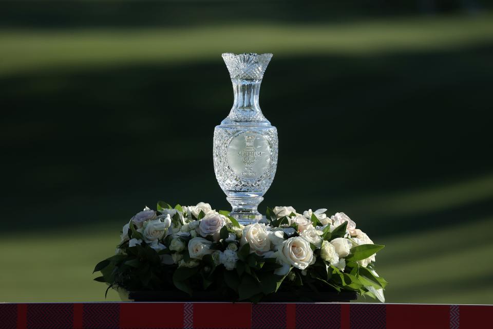 The Solheim Cup Trophy at the Inverness Club in Toledo, Ohio. (Gregory Shamus/Getty Images)