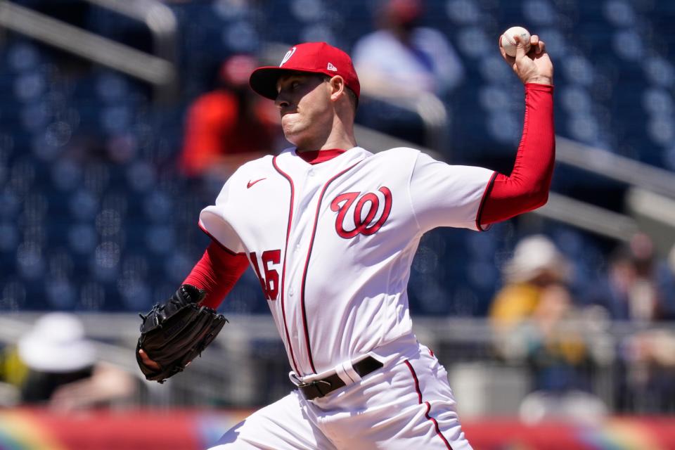 Washington Nationals starting pitcher Patrick Corbin throws during the first inning of a baseball game against the Philadelphia Phillies at Nationals Park, Thursday, May 13, 2021, in Washington. (AP Photo/Alex Brandon)