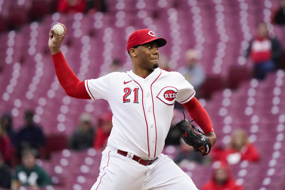 Cincinnati Reds starting pitcher Hunter Greene delivers during the first inning of a baseball game against the Tampa Bay Rays, Monday, April 17, 2023, in Cincinnati. (AP Photo/Joshua A. Bickel)