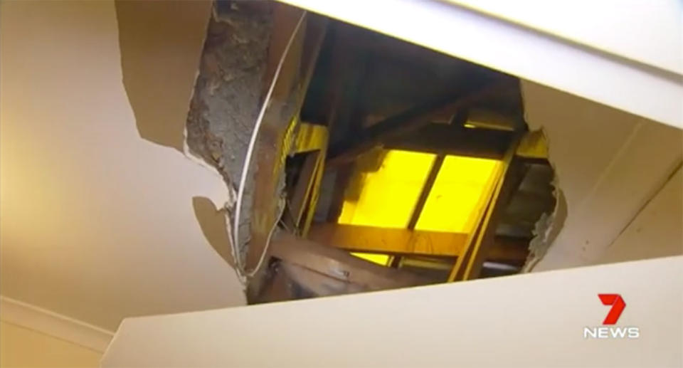 An Adelaide fugitive’s time on the run has come to a spectacular end when he fell through the ceiling of a home in Adelaide’s north east. Source: 7 News