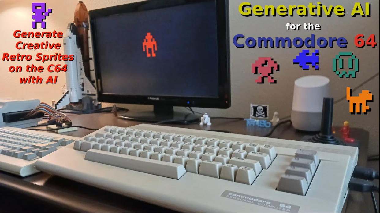  A screenshot from a YouTube video showing a Commodore 64 performing generative AI based image creation. 