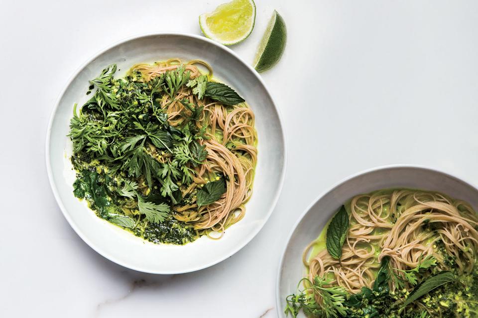 Green Curry with Brown Rice Noodles and Swiss Chard