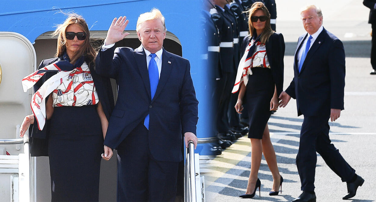 Melania Trump wore a Burberry shirt as she arrived in London Stansted Airport for the Trump's state visit. 