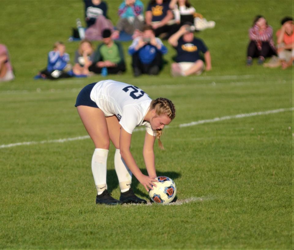Claire Gorno sets up for a penalty kick during a high school soccer MHSAA district quarterfinal matchup between Gaylord and Cadillac on Thursday, May 25 in Cadillac, Mich.