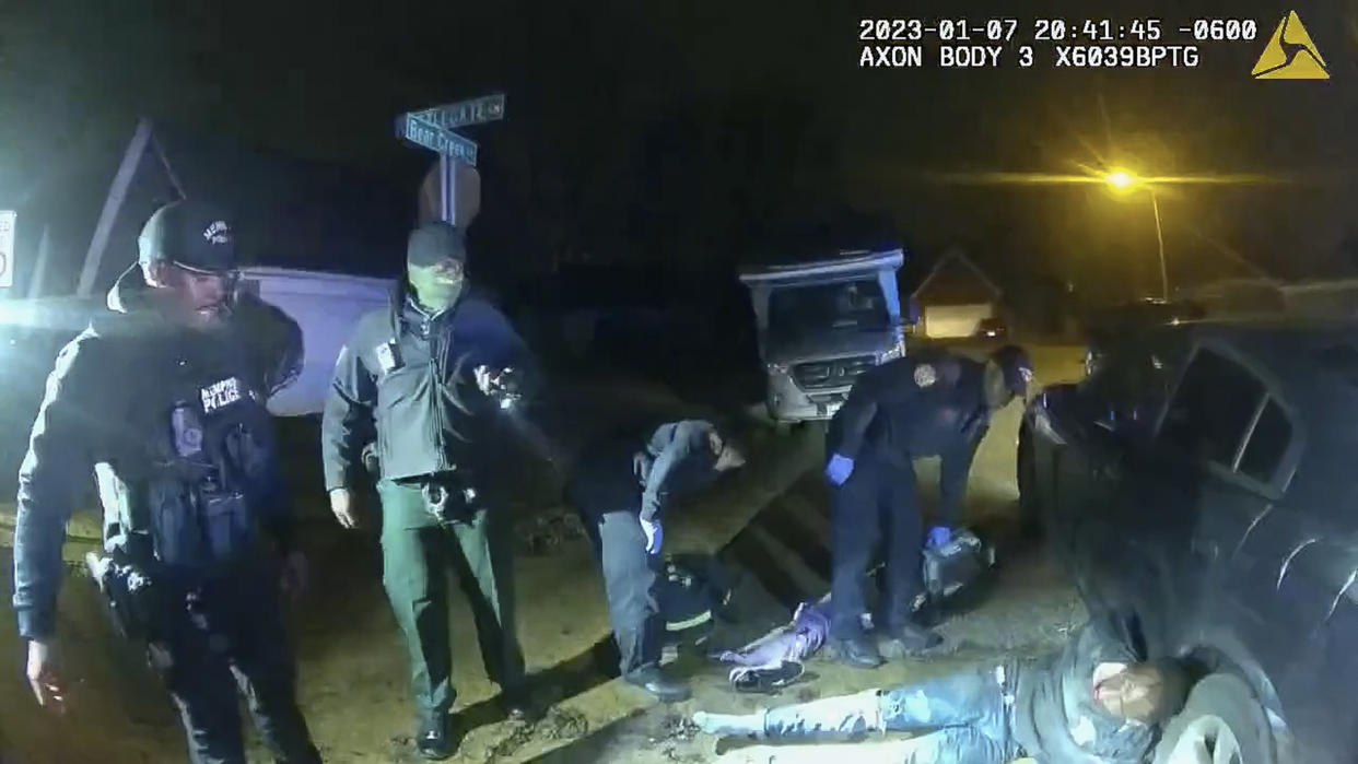 The image from video released on Jan. 27, 2023, by the City of Memphis, shows Tyre Nichols being treated by paramedics after a brutal attack by five Memphis police officers on Jan. 7, 2023, in Memphis, Tenn. Nichols died on Jan. 10. The five officers have since been fired and charged with second-degree murder and other offenses. (City of Memphis via AP)