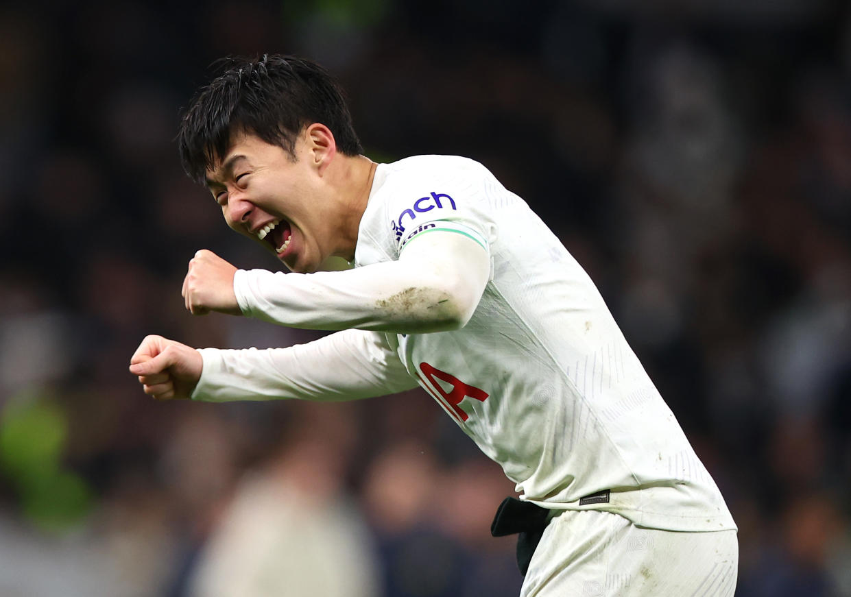 Tottenham forward Son Heung-min celebrates at full time during their English Premier League match against Bournemouth. (