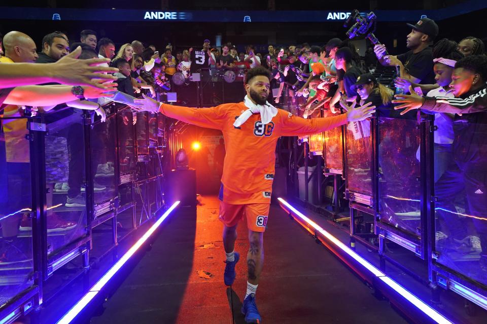 Andre Emmett (2) of 3's Company is introduced during week three of the BIG3 three on three basketball league game at ORACLE Arena on July 6, 2018 in Oakland, California.